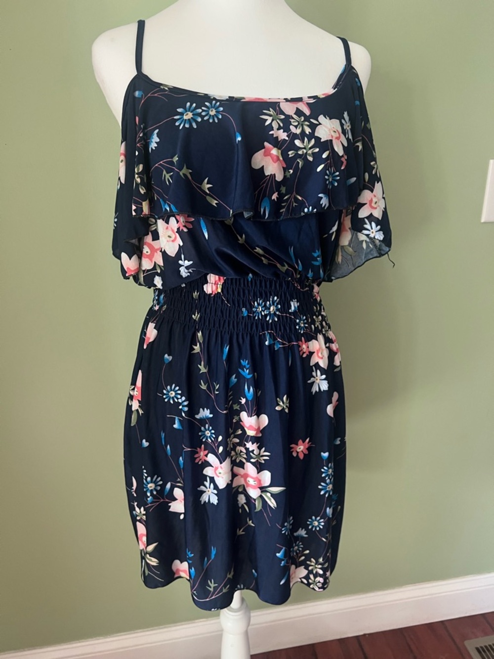 Floral Navy Midi Dress with Ruffle Overlay - Women's Dress